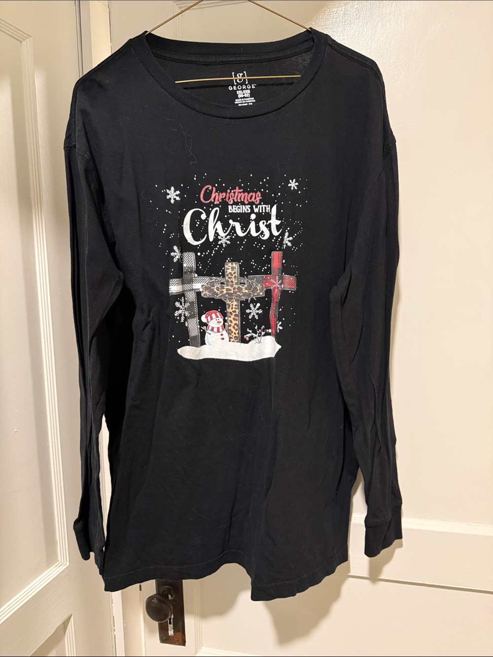 George Black Long Sleeve Tee with Festive Crosses and Snowman